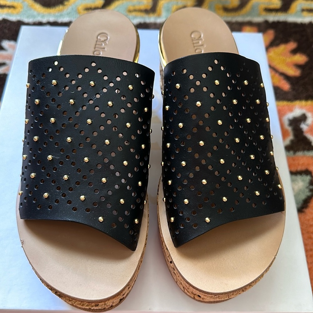 Chloe black studded platform cork wedge